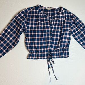 LOFT Blue and White Checkered Blouse with mini peplum detail